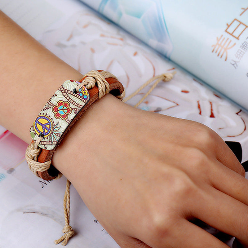 Retro Style Heat Transfer Hemp Rope Braided Cowhide Bracelet