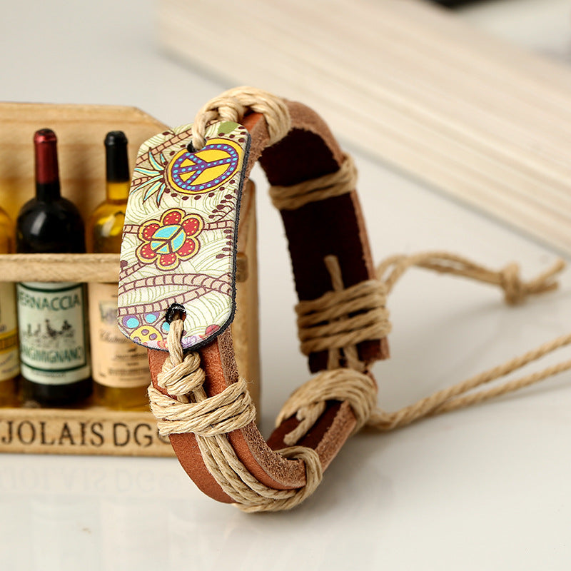 Retro Style Heat Transfer Hemp Rope Braided Cowhide Bracelet