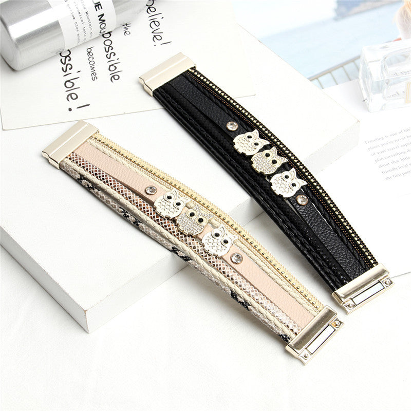 Diamond Magnetic Buckle Creative Owl Decorated Bohemian Leather Bracelet