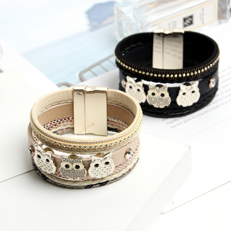 Diamond Magnetic Buckle Creative Owl Decorated Bohemian Leather Bracelet
