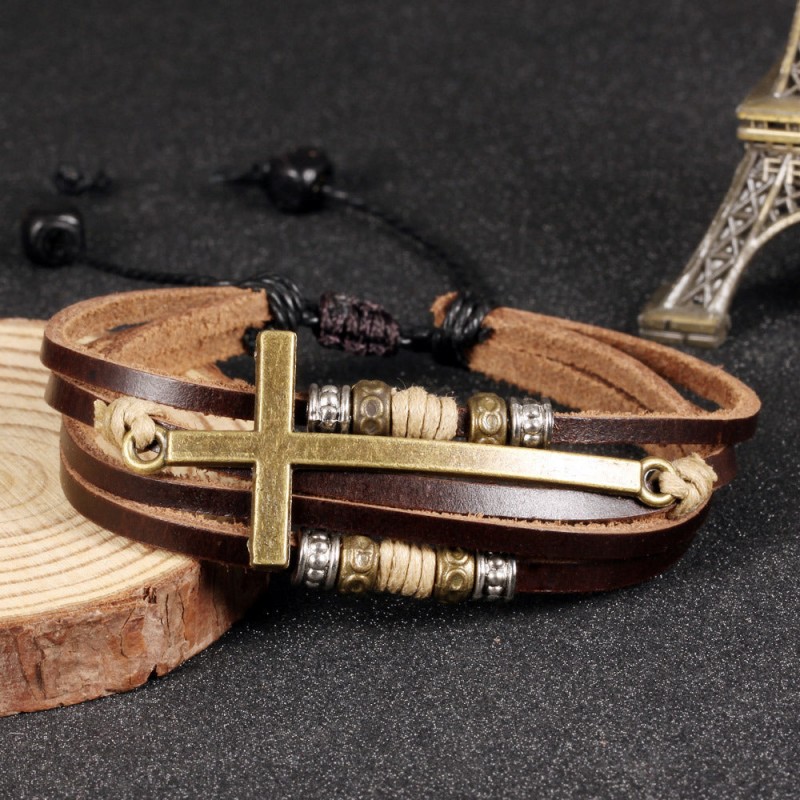 Vintage Cross Men's Beaded Leather Bracelet