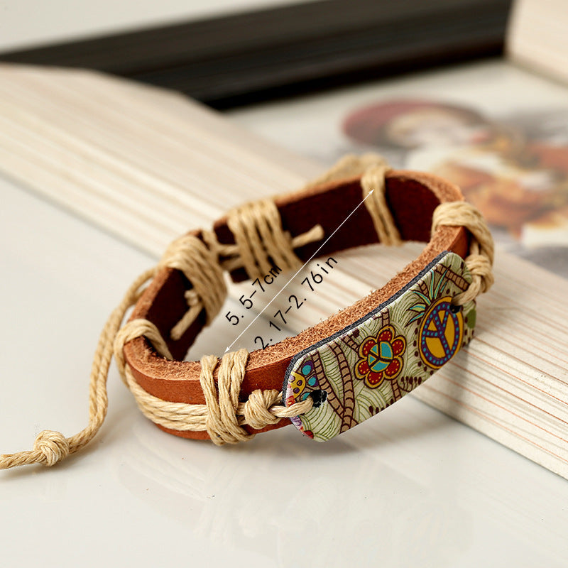 Retro Style Heat Transfer Hemp Rope Braided Cowhide Bracelet