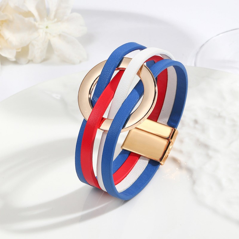 Metal Leather Cross Women's Large Hoop Cuff Multi-layer Wris