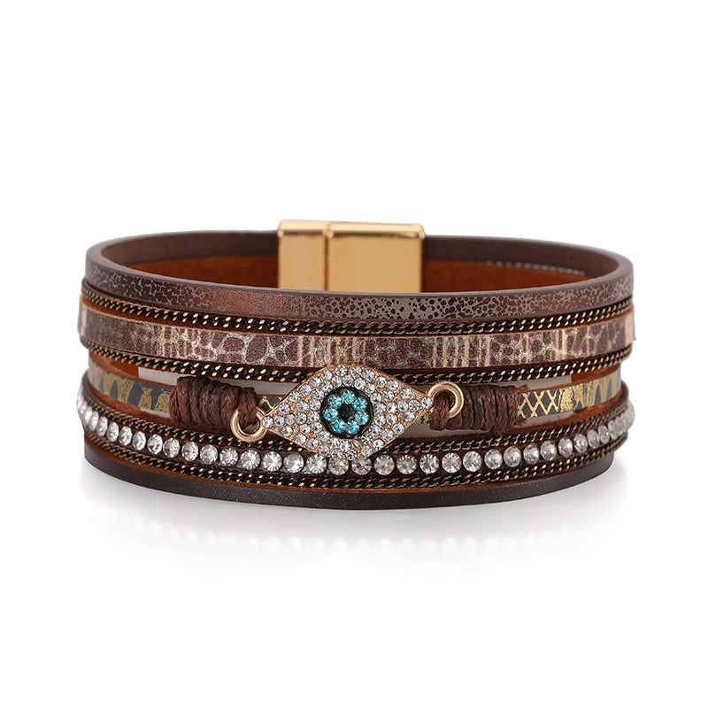 Devil's Eye Diamond Design Multi-Layer Pu Leather Ethnic Style Bracelet