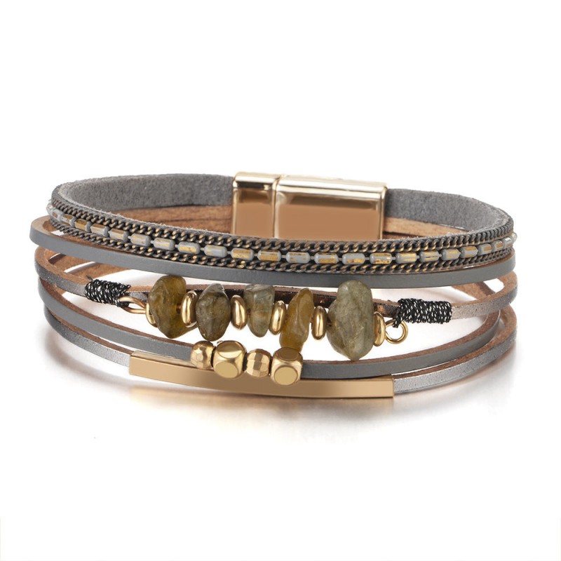 Boho Style Natural Stone Beaded Leather Magnetic Bracelet