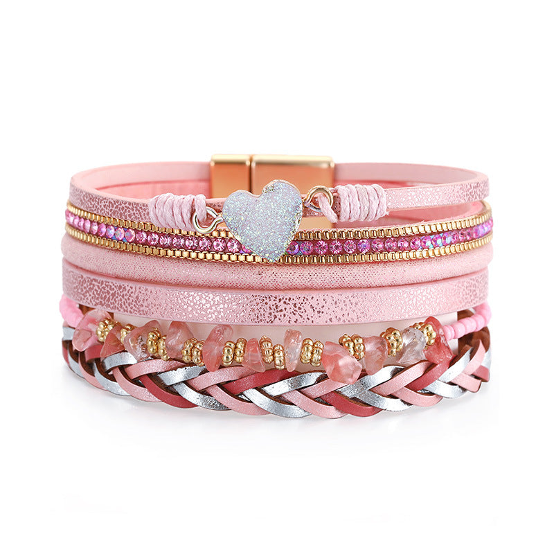 Retro Hand-woven Leather Multi-layer Diamond-encrusted Ethnic Style Gravel Bracelet