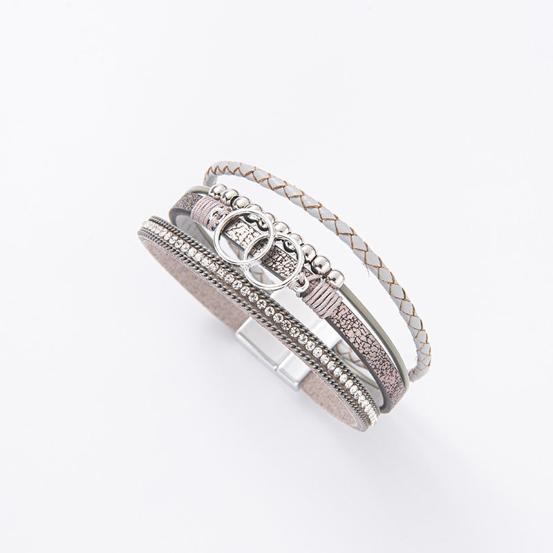 Handmade Magnetic Clasp Diamond Encrusted Leather Bracelet