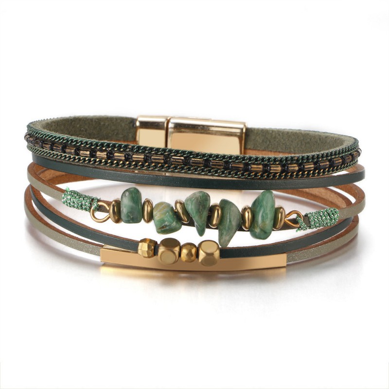Boho Style Natural Stone Beaded Leather Magnetic Bracelet