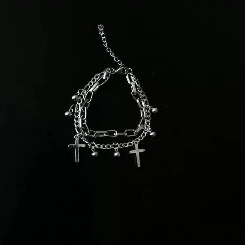 Vintage Metal Double Cross Pendant Hip Hop Multi-layer Bracelet