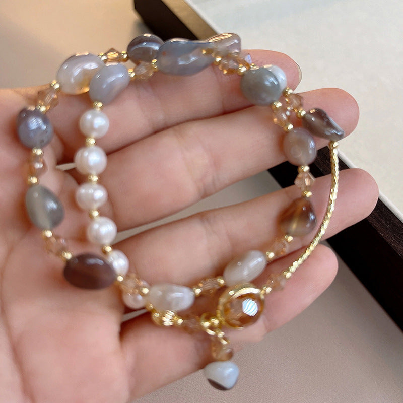 Tide Elegant Pearl Crystal Jade Double Circle Bracelet